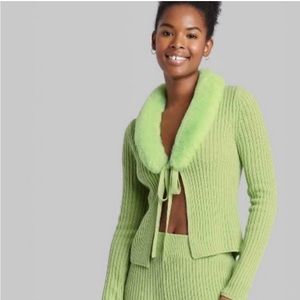 Green Faux Fur Collar Trim Tie Cardigan
